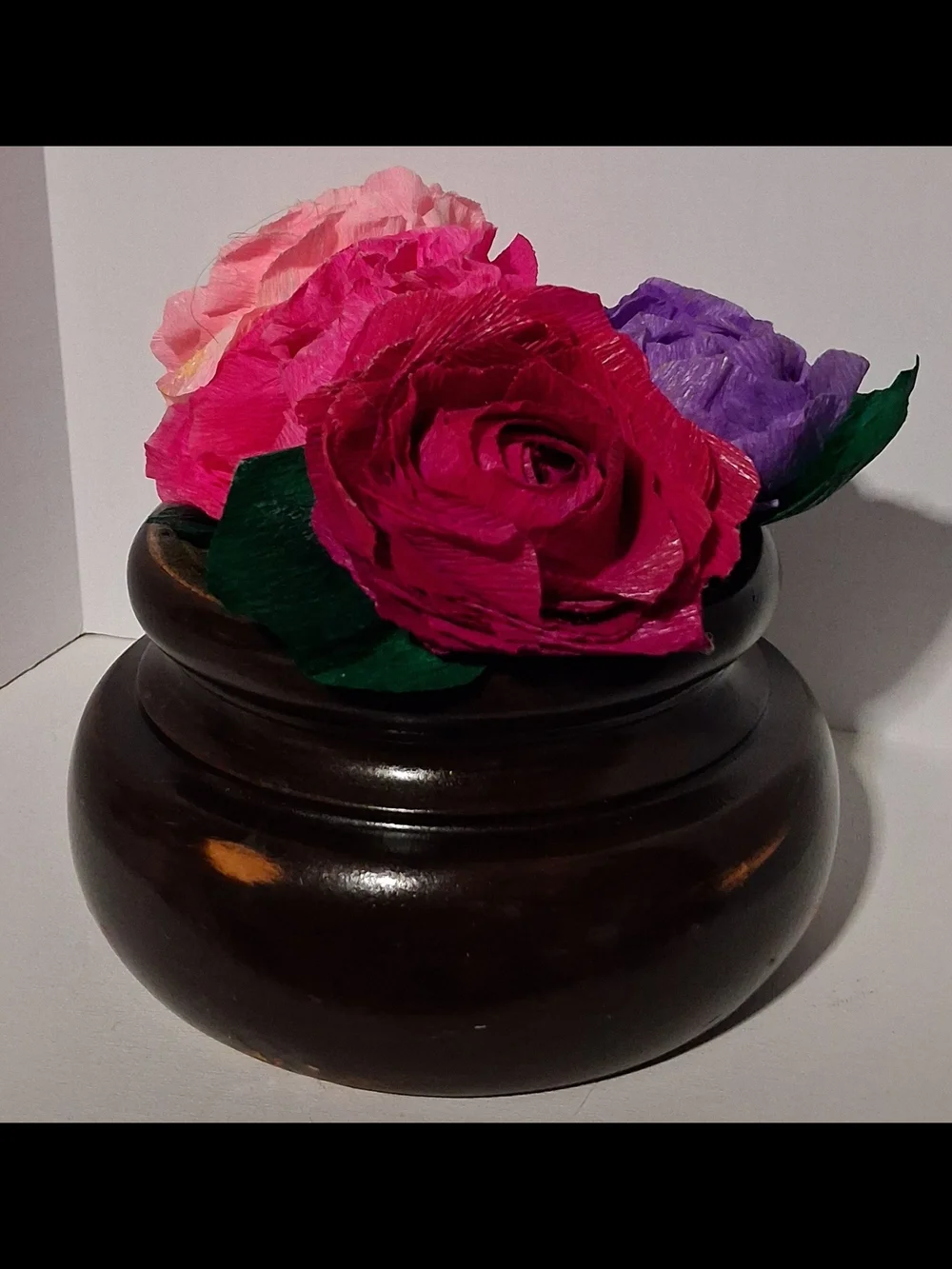 Handcrafted Pink and Magenta Crepe Paper Rose Arrangement On Wood Base